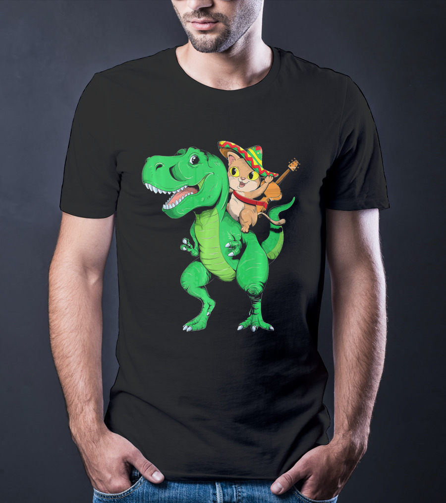 Cinco De Mayo Cat With Sombrero Riding T-Rex T-Shirt