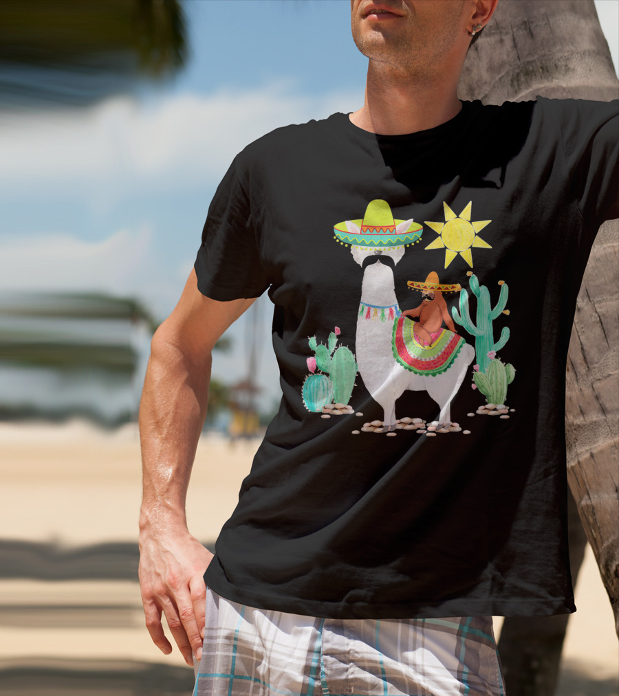 Funny Cinco De Mayo Sloth Riding Llama With Sombrero And Cactus Scene T-Shirt