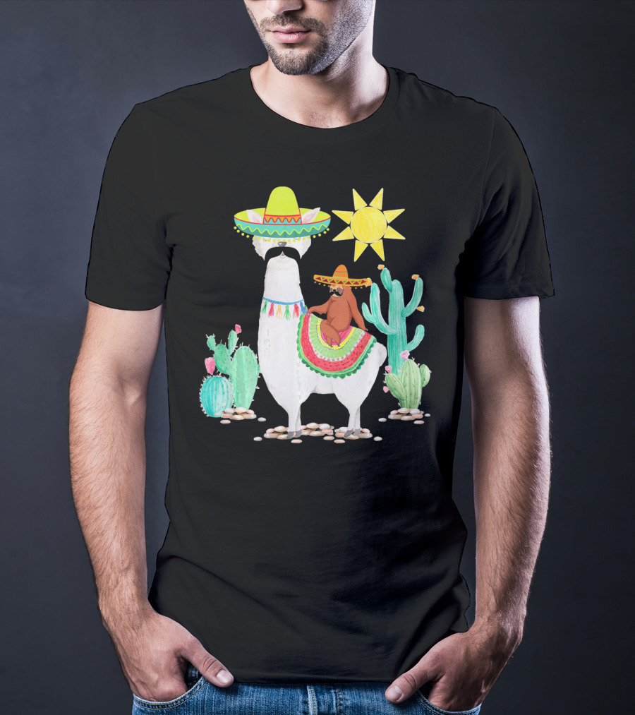 Funny Cinco De Mayo Sloth Riding Llama With Sombrero And Cactus Scene T-Shirt