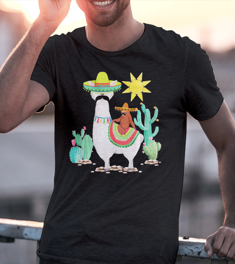 Funny Cinco De Mayo Sloth Riding Llama With Sombrero And Cactus Scene T-Shirt