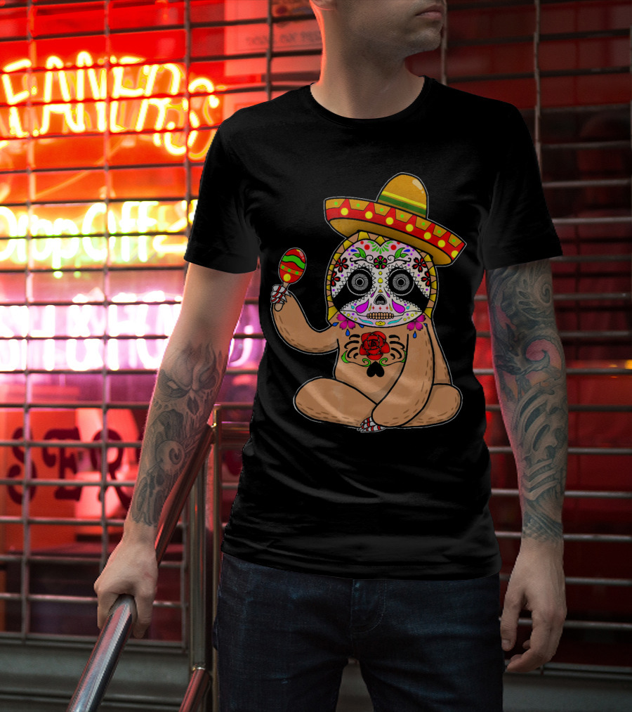 Cinco De Mayo Sloth Day Of The Dead Sombrero Maracas T-Shirt