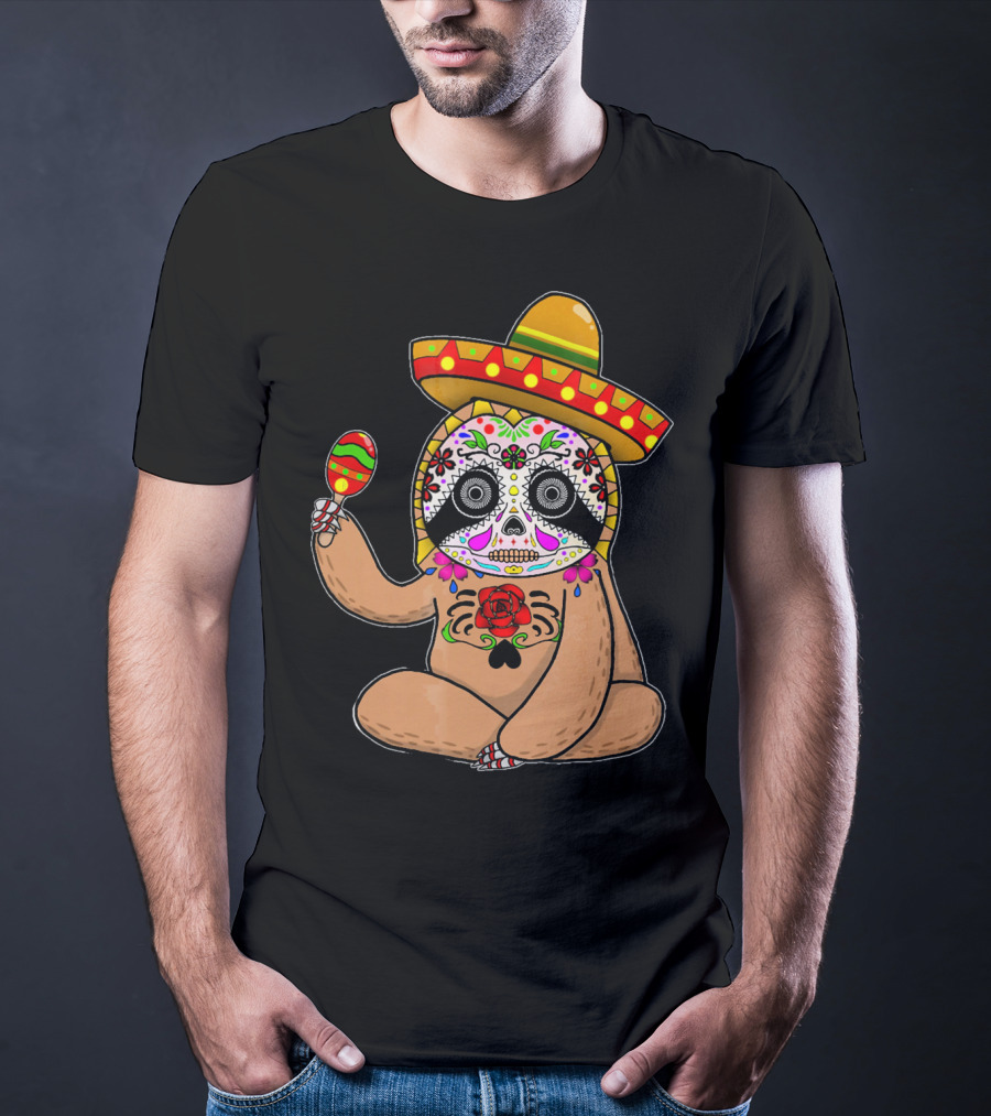 Cinco De Mayo Sloth Day Of The Dead Sombrero Maracas T-Shirt