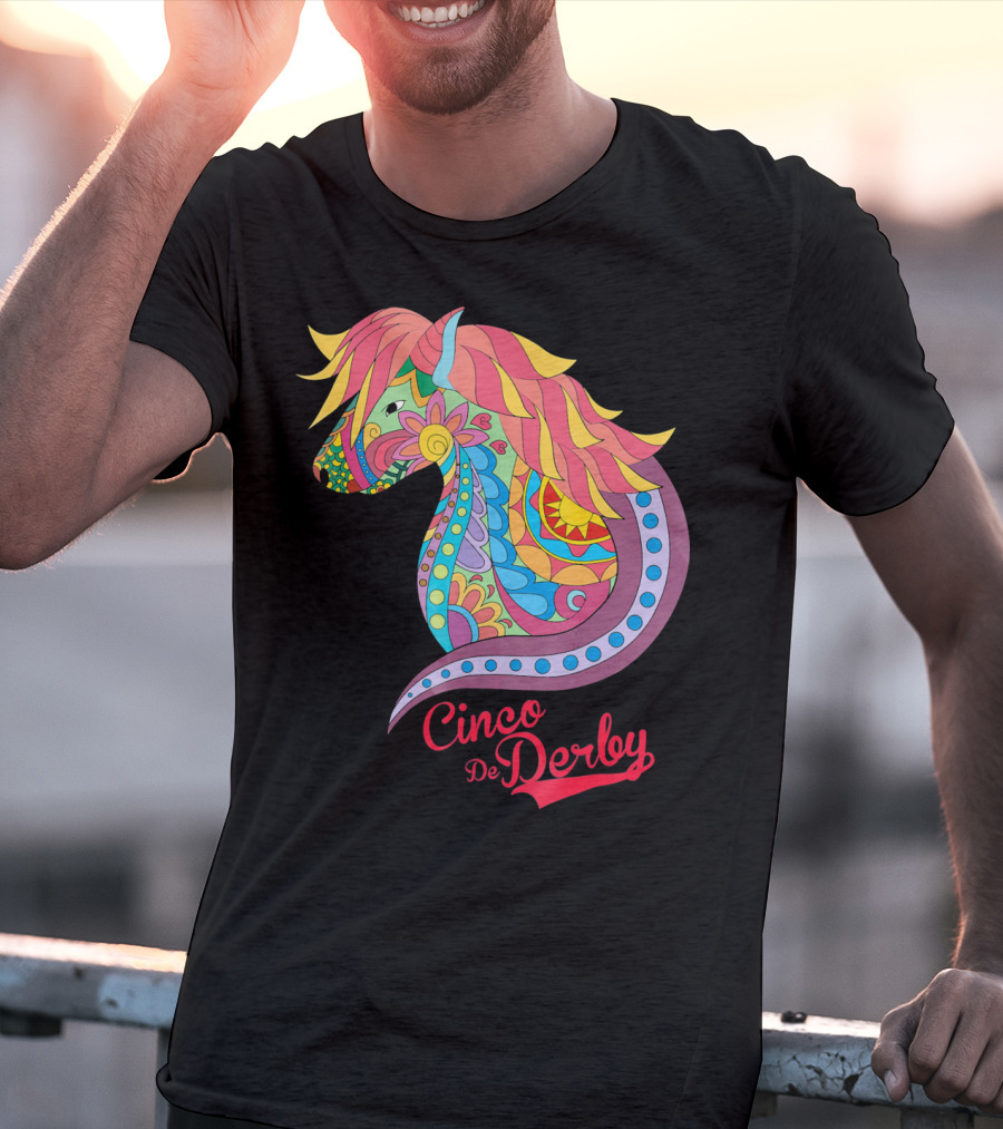 Cinco De Derby Colorful Horse Motif T-Shirt