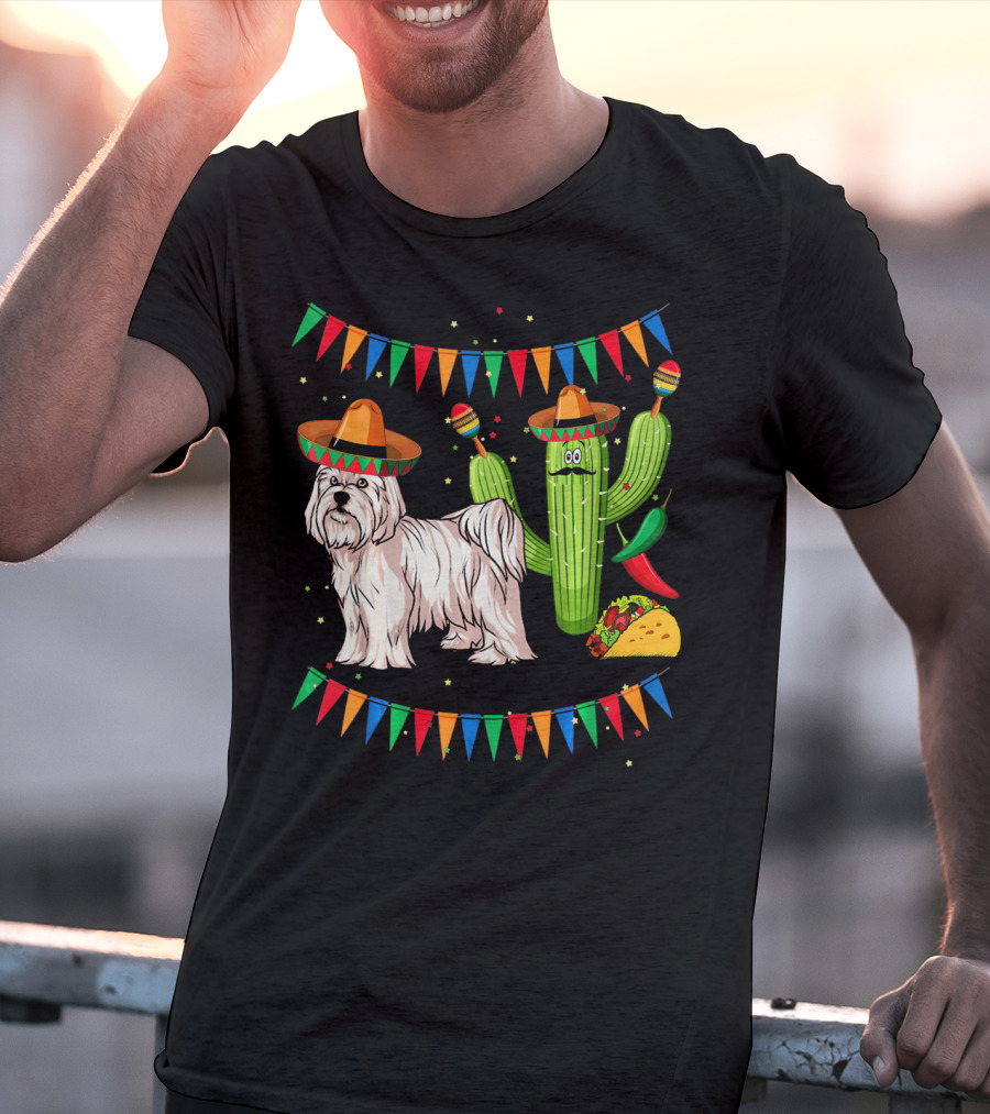 Maltese Dog Sombrero Mexico Cinco De Mayo Cactus Taco Fiesta T-Shirt