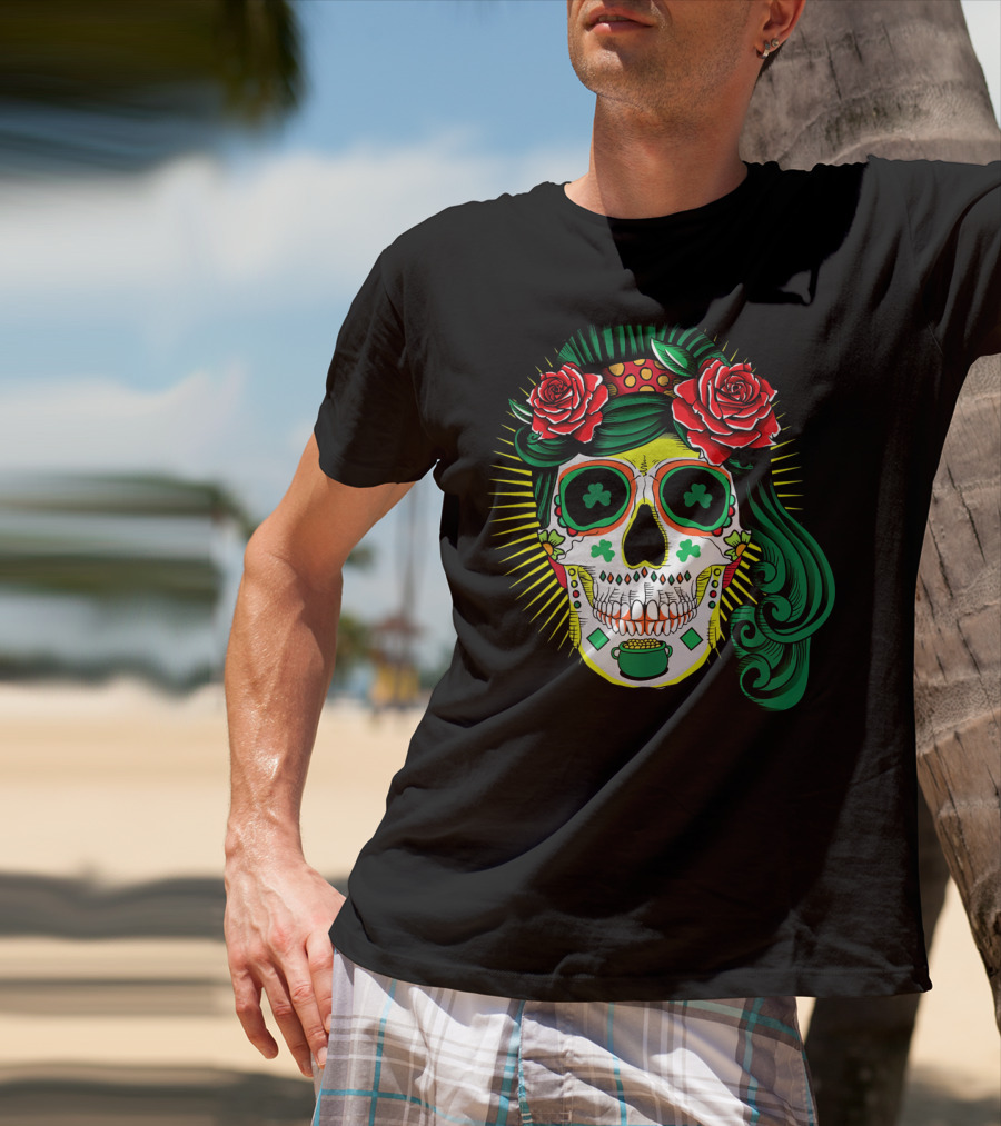 Cinco De Mayo St Patricks Day Shamrock Skull Roses T-Shirt