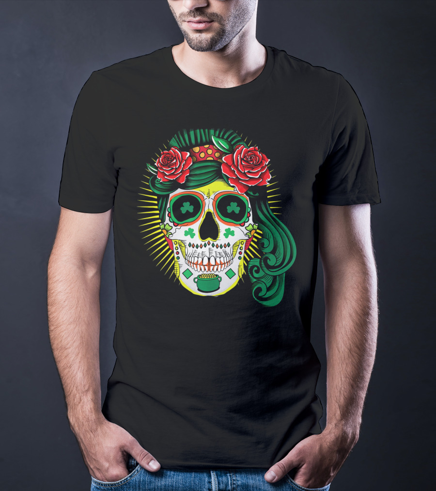 Cinco De Mayo St Patricks Day Shamrock Skull Roses T-Shirt