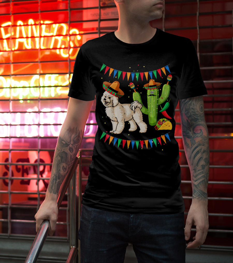 Sombrero Bichon Frise Dog And Cactus With Maracas Mexico Cinco Fiesta T-Shirt
