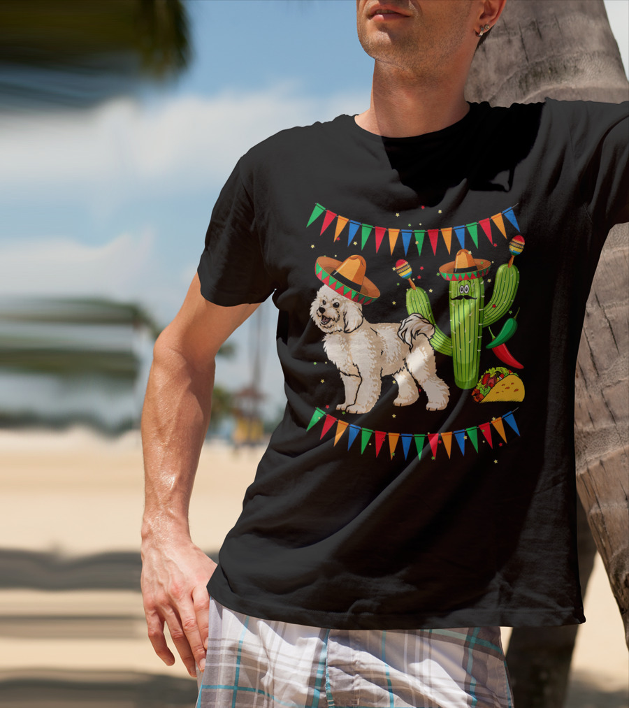 Sombrero Bichon Frise Dog And Cactus With Maracas Mexico Cinco Fiesta T-Shirt