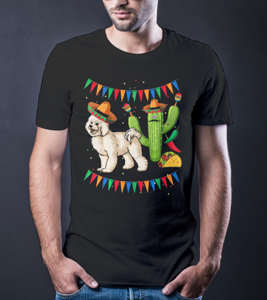 Sombrero Bichon Frise Dog And Cactus With Maracas Mexico Cinco Fiesta T-Shirt