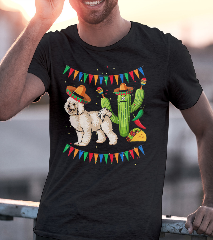 Sombrero Bichon Frise Dog And Cactus With Maracas Mexico Cinco Fiesta T-Shirt