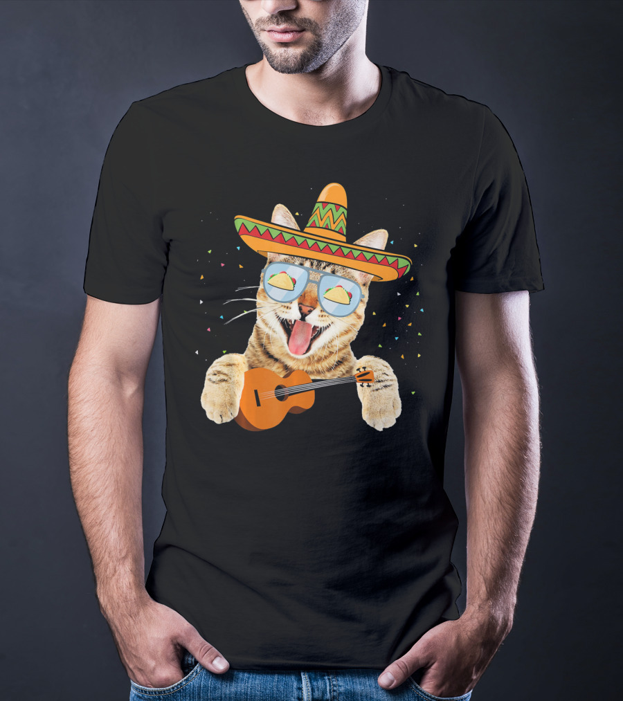 Cinco De Mayo Cat With Sombrero And Guitar T-Shirt