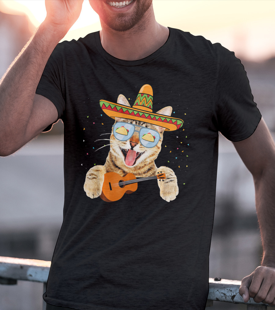Cinco De Mayo Cat With Sombrero And Guitar T-Shirt