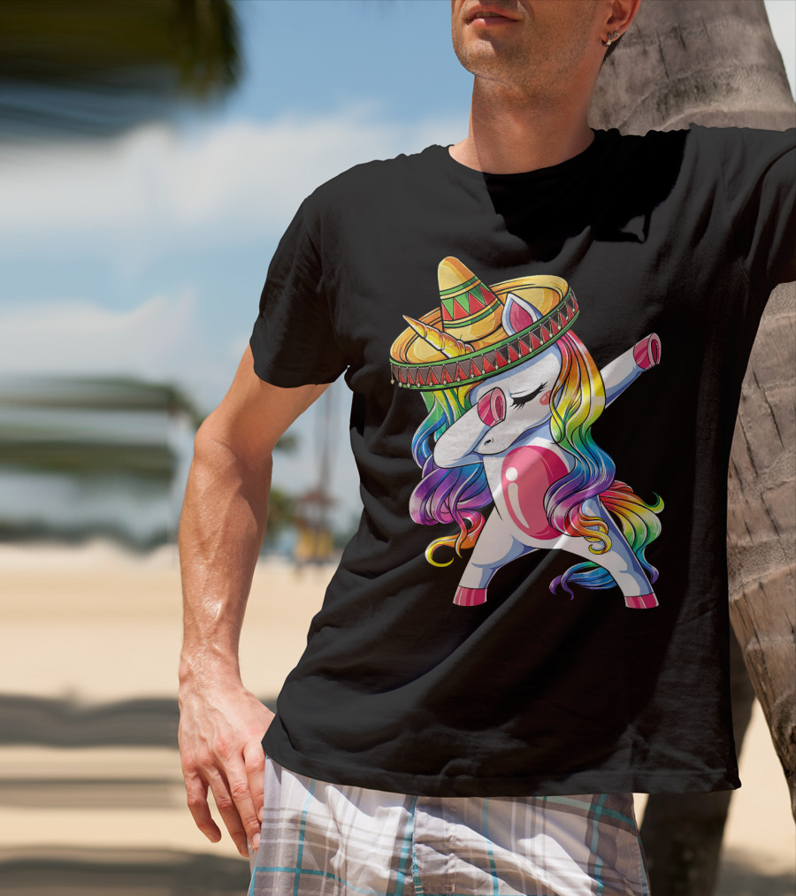 Dabbing Rainbow Unicorn With Sombrero Funny Cinco De Mayo T-Shirt