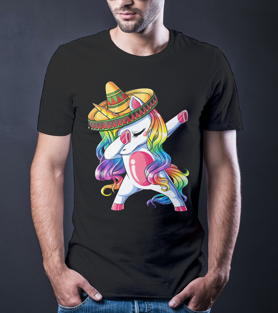 Dabbing Rainbow Unicorn With Sombrero Funny Cinco De Mayo T-Shirt