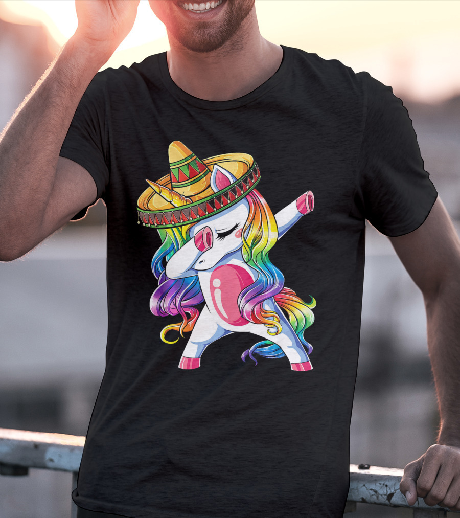 Dabbing Rainbow Unicorn With Sombrero Funny Cinco De Mayo T-Shirt