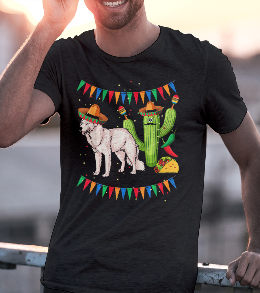 Sombrero Kuvasz Dog Mexican Fiesta With Cactus And Taco Cinco De Mayo T-Shirt