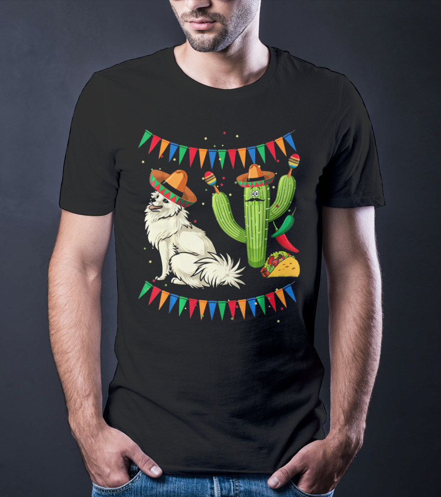 Sombrero American Eskimo Dog Mexico Cactus Fiesta Taco Peppers T-Shirt