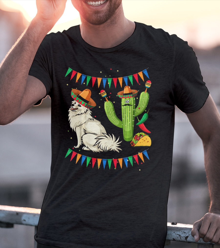 Sombrero American Eskimo Dog Mexico Cactus Fiesta Taco Peppers T-Shirt