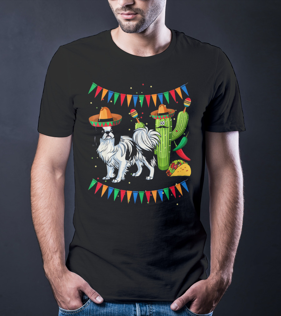 Sombrero Japanese Chin Dog With Cactus And Taco Celebration Mexico Cinco T-Shirt