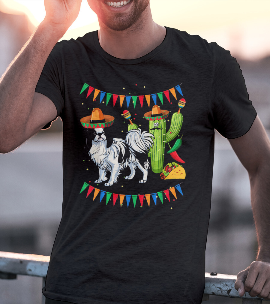Sombrero Japanese Chin Dog With Cactus And Taco Celebration Mexico Cinco T-Shirt