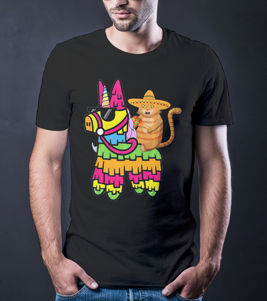 Cinco De Mayo Sombrero Cat On Colorful Pinata With Unicorn And Sunglasses T-Shirt