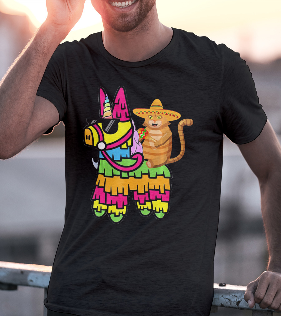 Cinco De Mayo Sombrero Cat On Colorful Pinata With Unicorn And Sunglasses T-Shirt