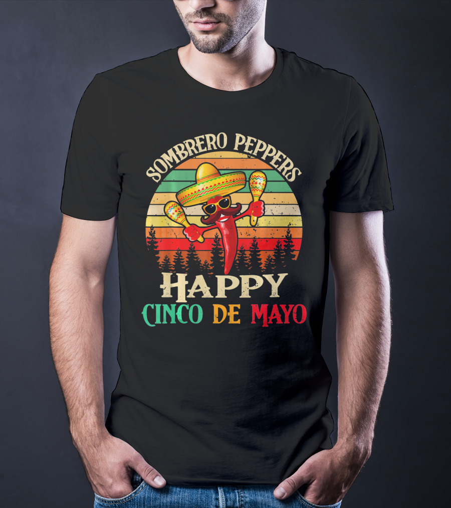 Sombrero Peppers Happy Cinco De Mayo Vintage Sunset T-Shirt