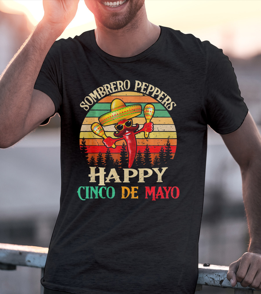 Sombrero Peppers Happy Cinco De Mayo Vintage Sunset T-Shirt