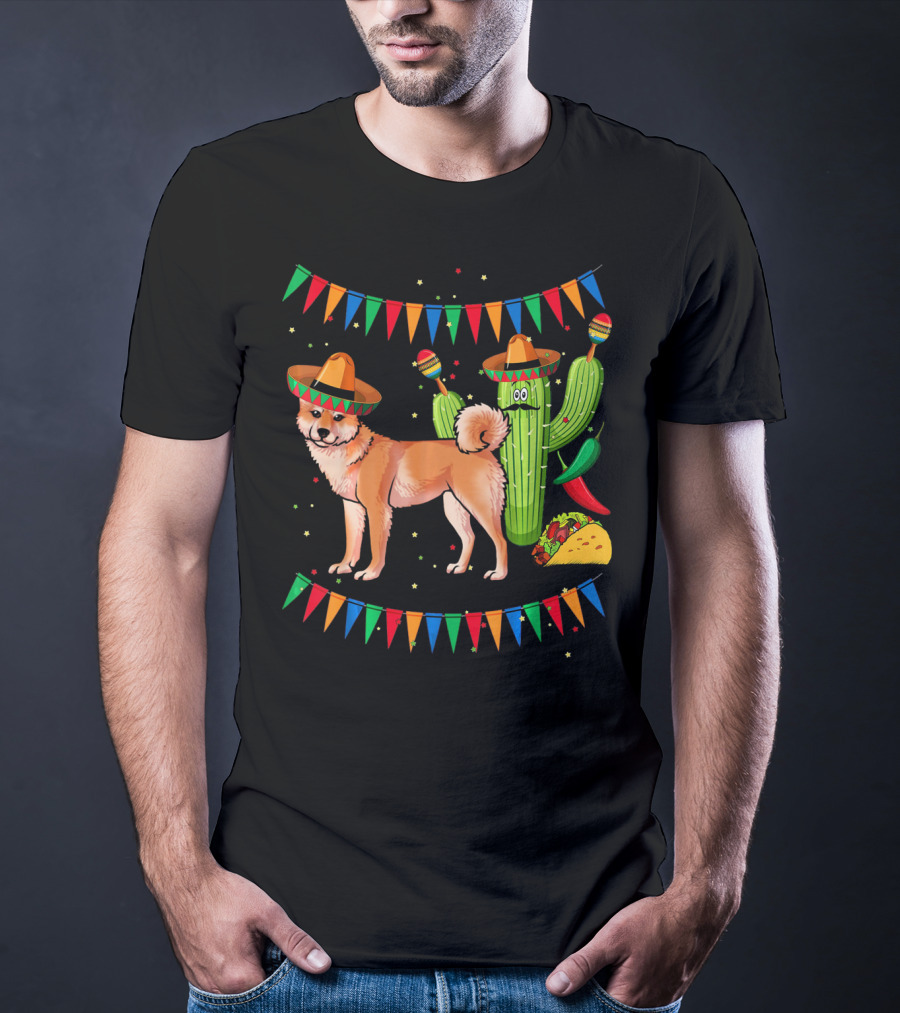 Sombrero Shiba Inu Dog Mexico Cinco De Mayo Celebration With Cactus And Taco T-Shirt