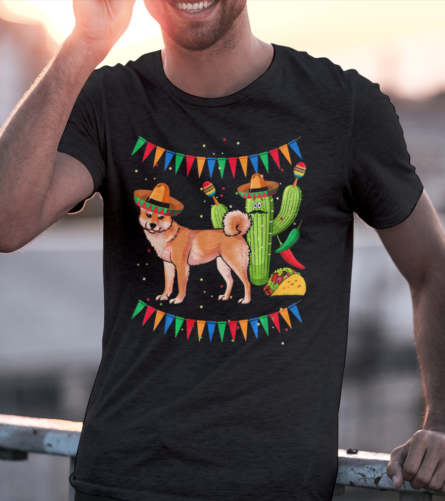 Sombrero Shiba Inu Dog Mexico Cinco De Mayo Celebration With Cactus And Taco T-Shirt