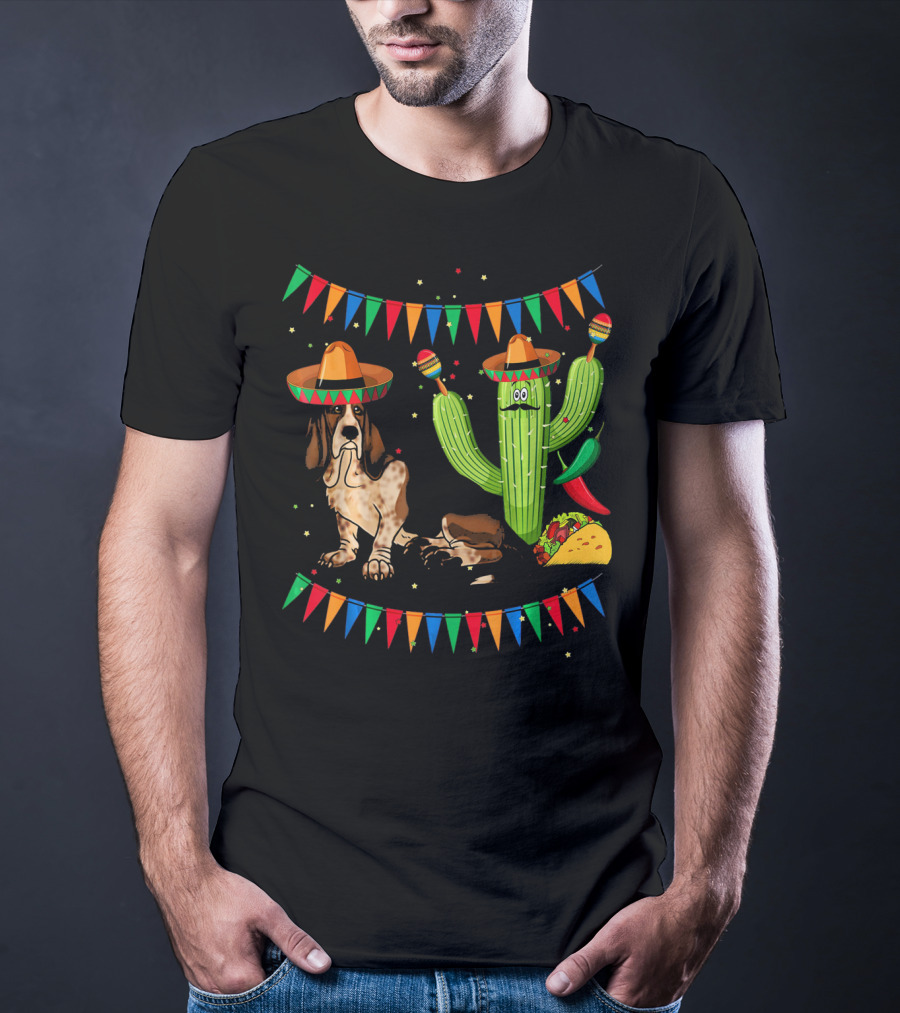 Sombrero Basset Hound Dog Mexico Cinco Cactus Taco Fiesta Decor T-Shirt