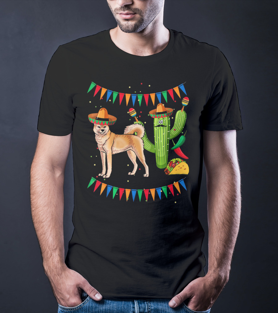 Sombrero Akita Dog Cactus Taco Maracas Mexico Cinco De Mayo T-Shirt