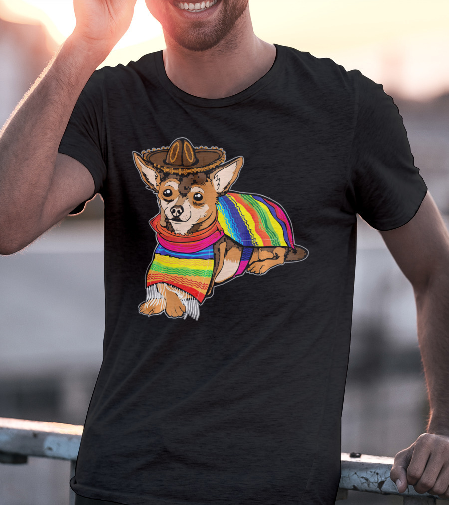 Cute Dog Chihuahua Chiweenie Mexico Sombrero Rainbow Poncho Cinc T-Shirt