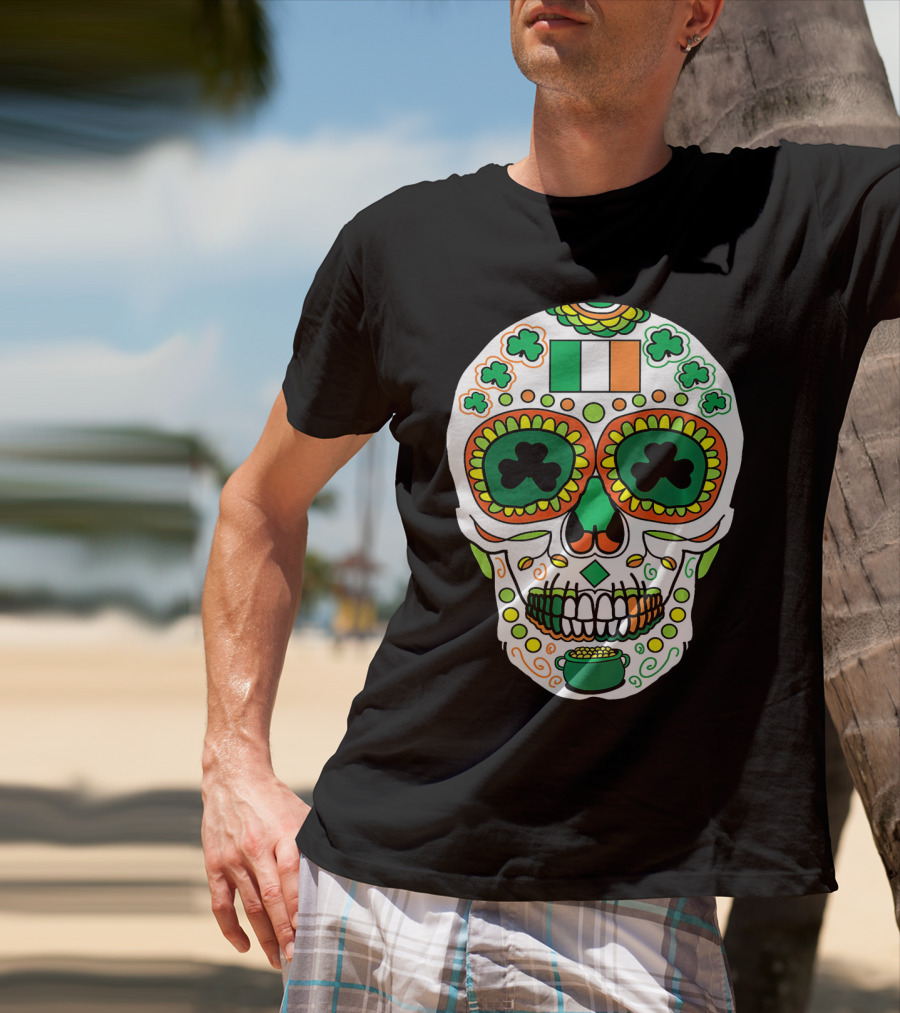 St Paddys Day Irish Flag Shamrock Sugar Skull Cinco De T-Shirt