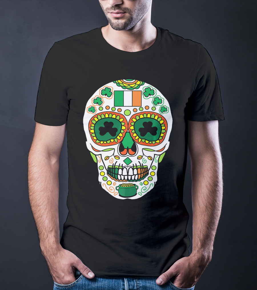 St Paddys Day Irish Flag Shamrock Sugar Skull Cinco De T-Shirt
