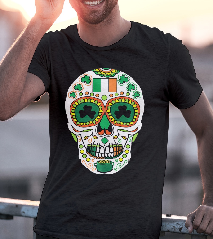St Paddys Day Irish Flag Shamrock Sugar Skull Cinco De T-Shirt