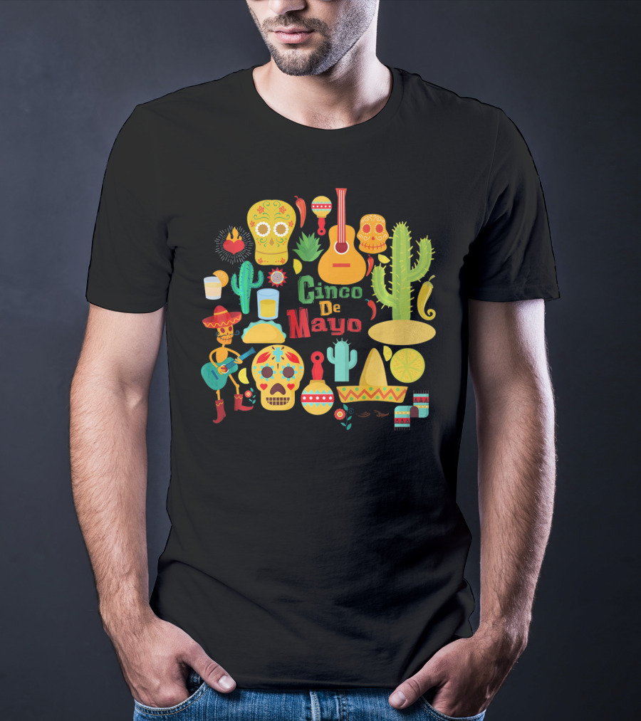 Cinco De Mayo Cactus Skull Sombrero Guitar Festivity T-Shirt