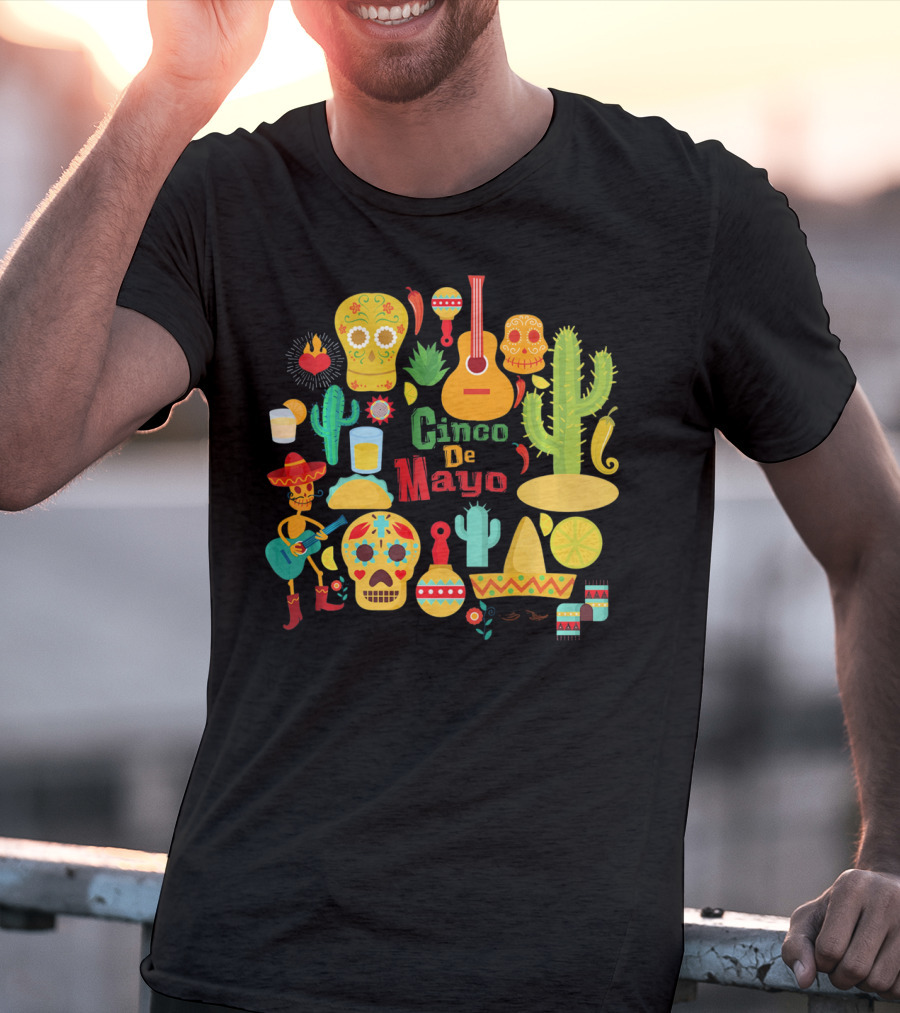 Cinco De Mayo Cactus Skull Sombrero Guitar Festivity T-Shirt