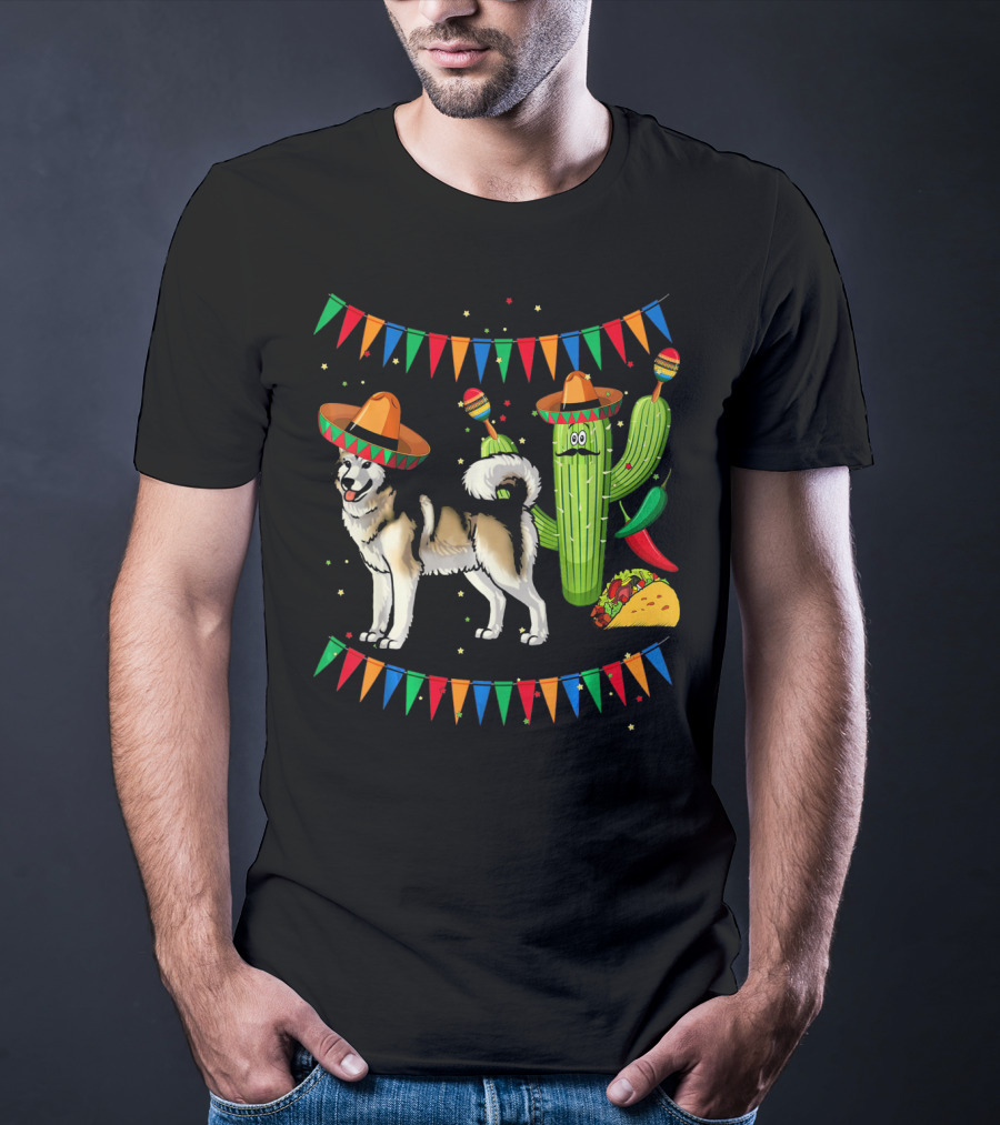 Sombrero Alaskan Malamute Dog With Cactus And Mexican Fiesta Elements T-Shirt