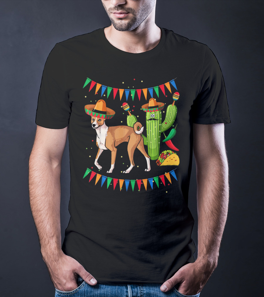 Sombrero Basenji Dog And Cactus Mexico Cinco De May Fiesta Elements T-Shirt