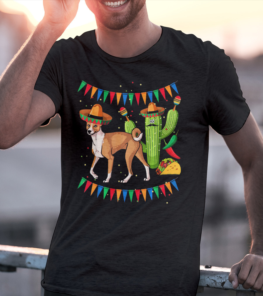 Sombrero Basenji Dog And Cactus Mexico Cinco De May Fiesta Elements T-Shirt