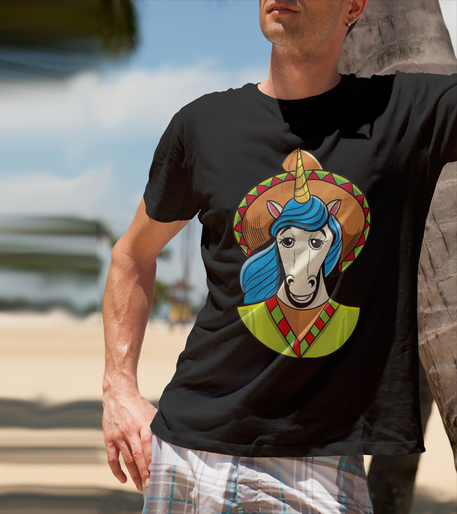Hispanic Unicorn In Sombrero With Colorful Mane For Cinco T-Shirt