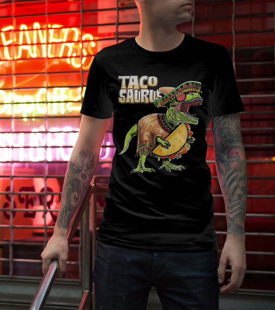 Tacosaurus Dinosaur Wearing Sombrero And Serape Holding Taco T-Shirt