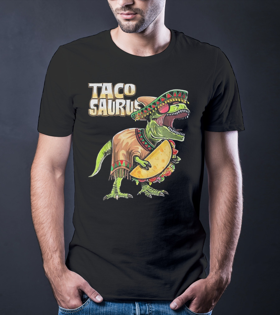 Tacosaurus Dinosaur Wearing Sombrero And Serape Holding Taco T-Shirt