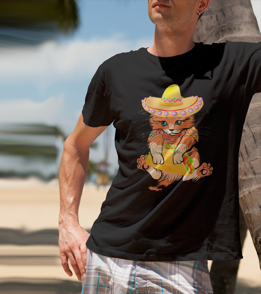 Cinco De Mayo Funny Cat In Sombrero Holding Taco T-Shirt