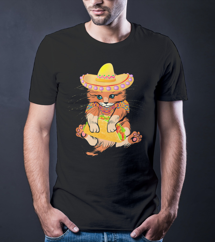 Cinco De Mayo Funny Cat In Sombrero Holding Taco T-Shirt