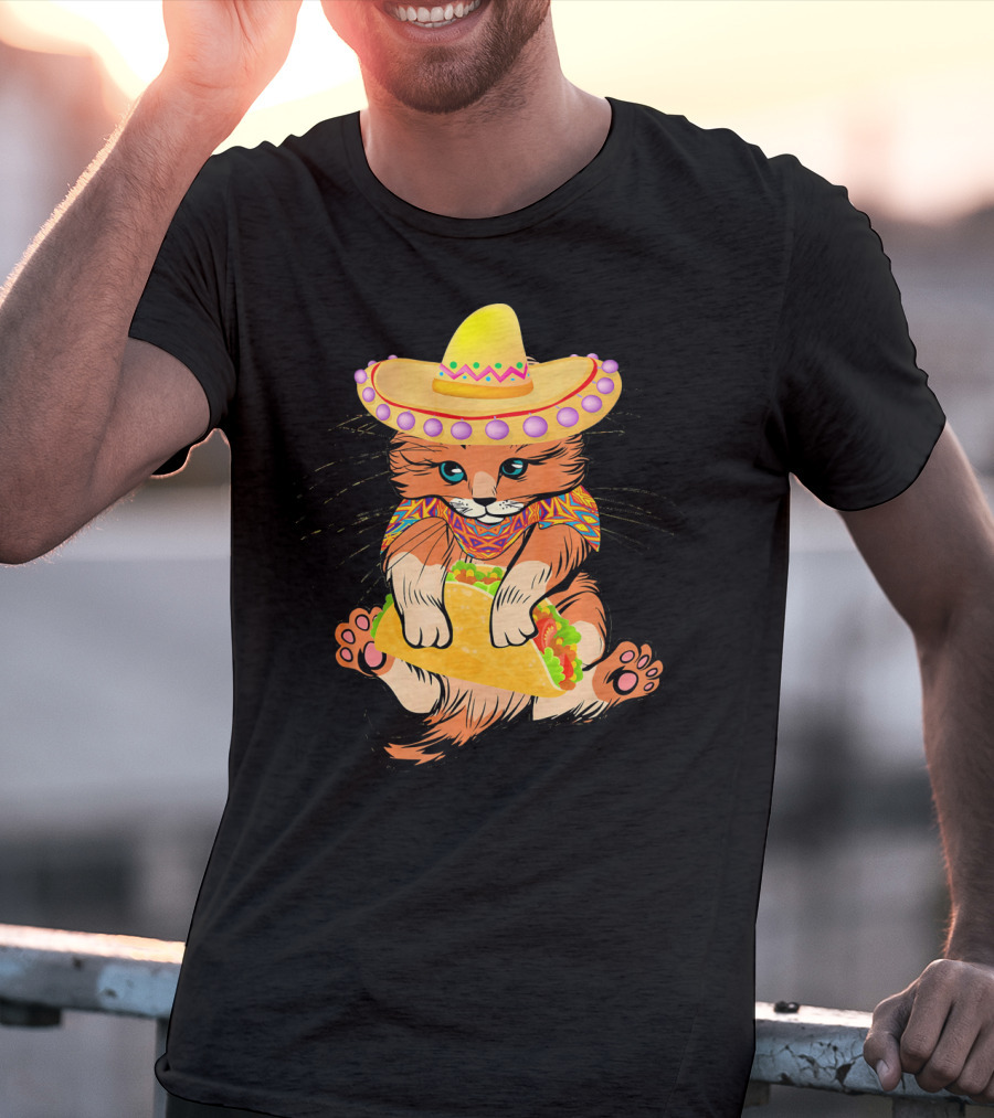 Cinco De Mayo Funny Cat In Sombrero Holding Taco T-Shirt
