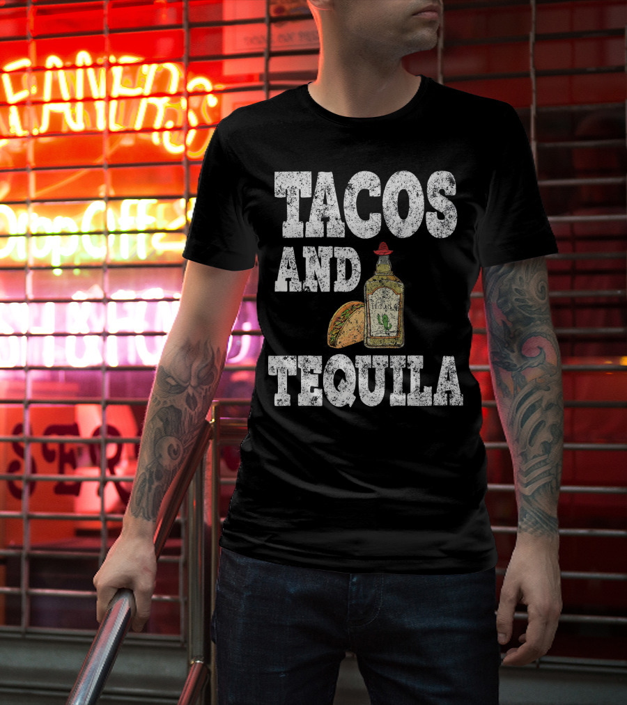 Tacos And Tequila With Bottle And Sombrero For Cinco De Mayo T-Shirt