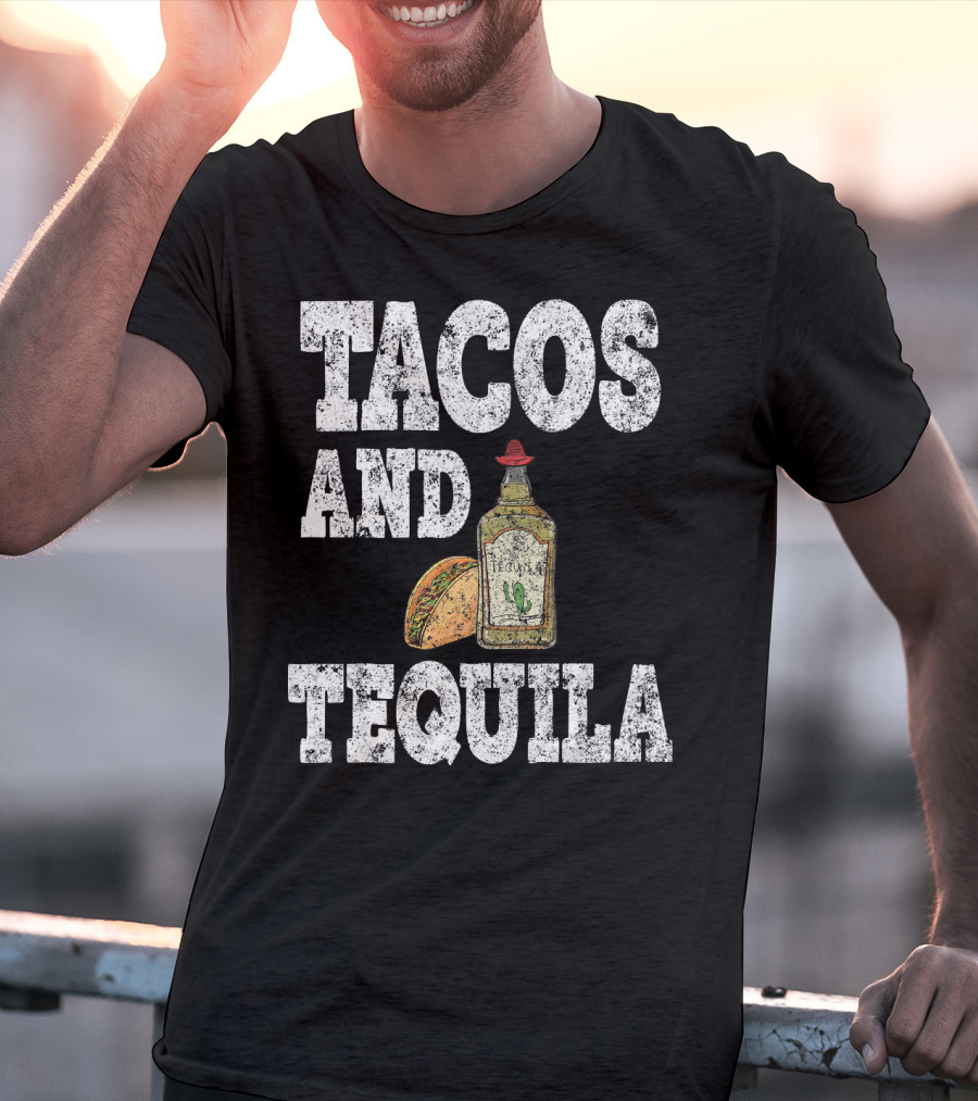 Tacos And Tequila With Bottle And Sombrero For Cinco De Mayo T-Shirt