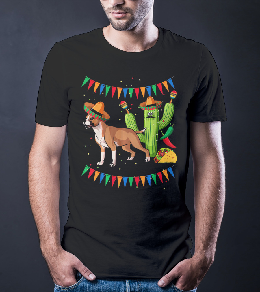 Cinco Sombrero Staffordshire Terrier Dog With Festive Cactus And Taco T-Shirt